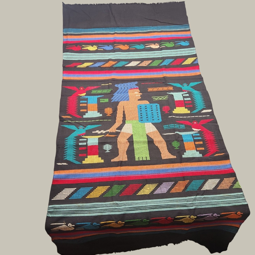 Vintage Guatemalan Mayan Handwoven Textile Wall Hanging Warrior Bird Black 68x32